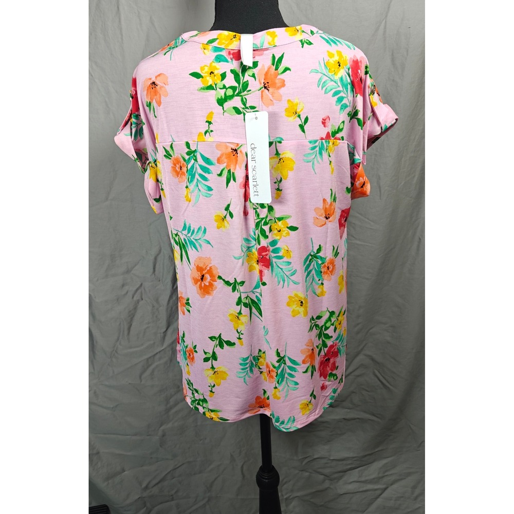Dear Scarlett Lizzie Short Sleeve Wrinkle Free Floral Pink Split V-Neck Top Med - Picture 5 of 12